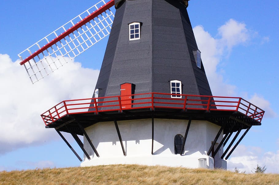 windmill, wing, denmark, müller, blue sky, clouds, danish, HD wallpaper
