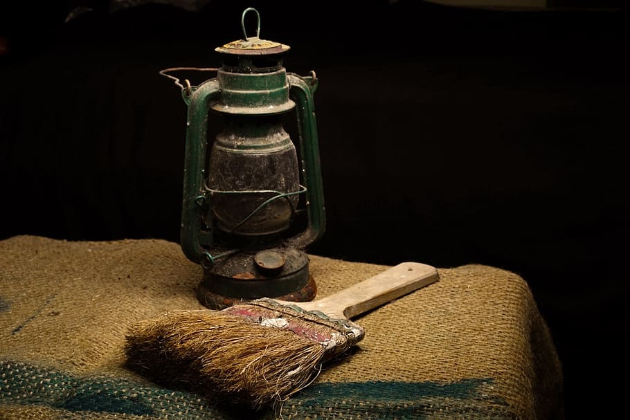 green gas lantern near brown brush, old lantern, sack, rusty HD wallpaper