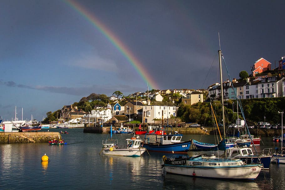 Brixham, Devon, Rainbow, Harbour, Port, sea, england, uk, coast