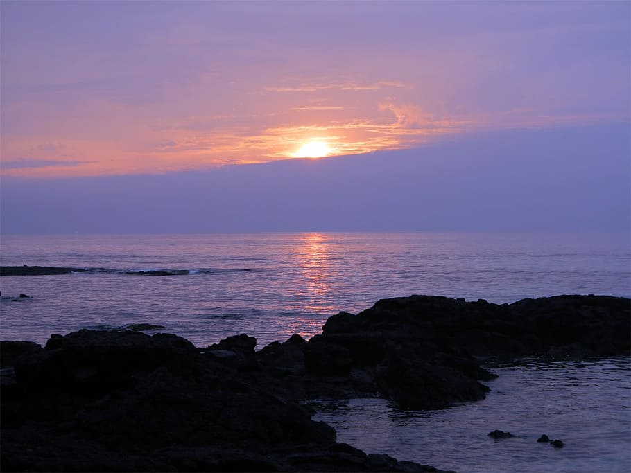 Sunset, Glow, Jeju, Beach, Sea, evening glow, a flaming sunset HD wallpaper