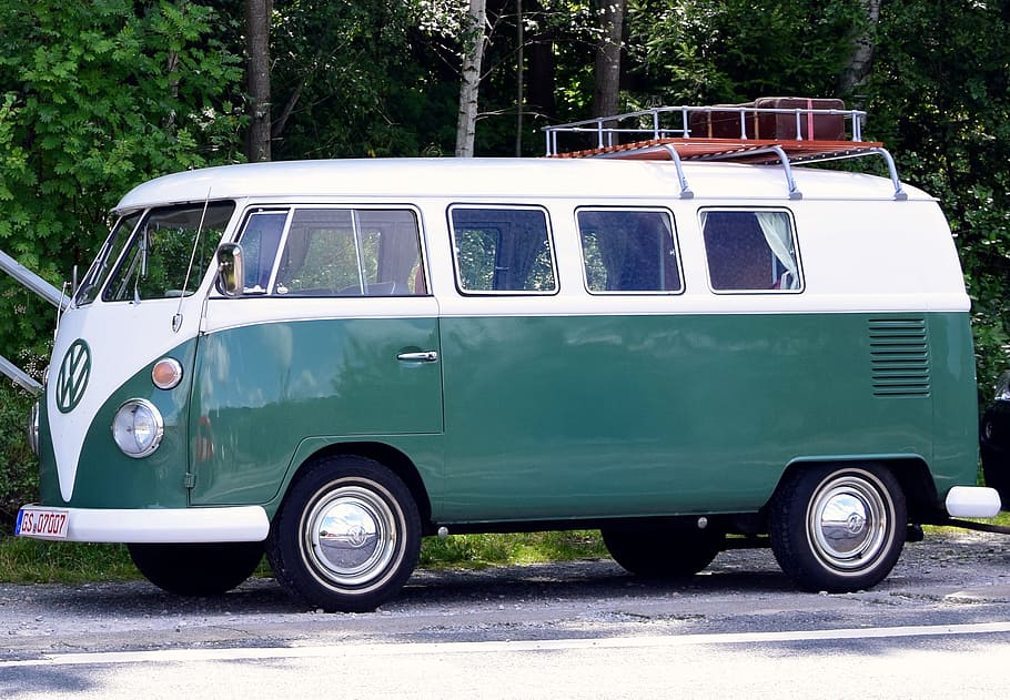 white and green Volkswagen van near trees, oldtimer, bulli, vw, HD wallpaper