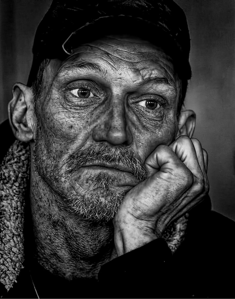 portrait artwork of man wearing hat, people, homeless, male, street, HD wallpaper