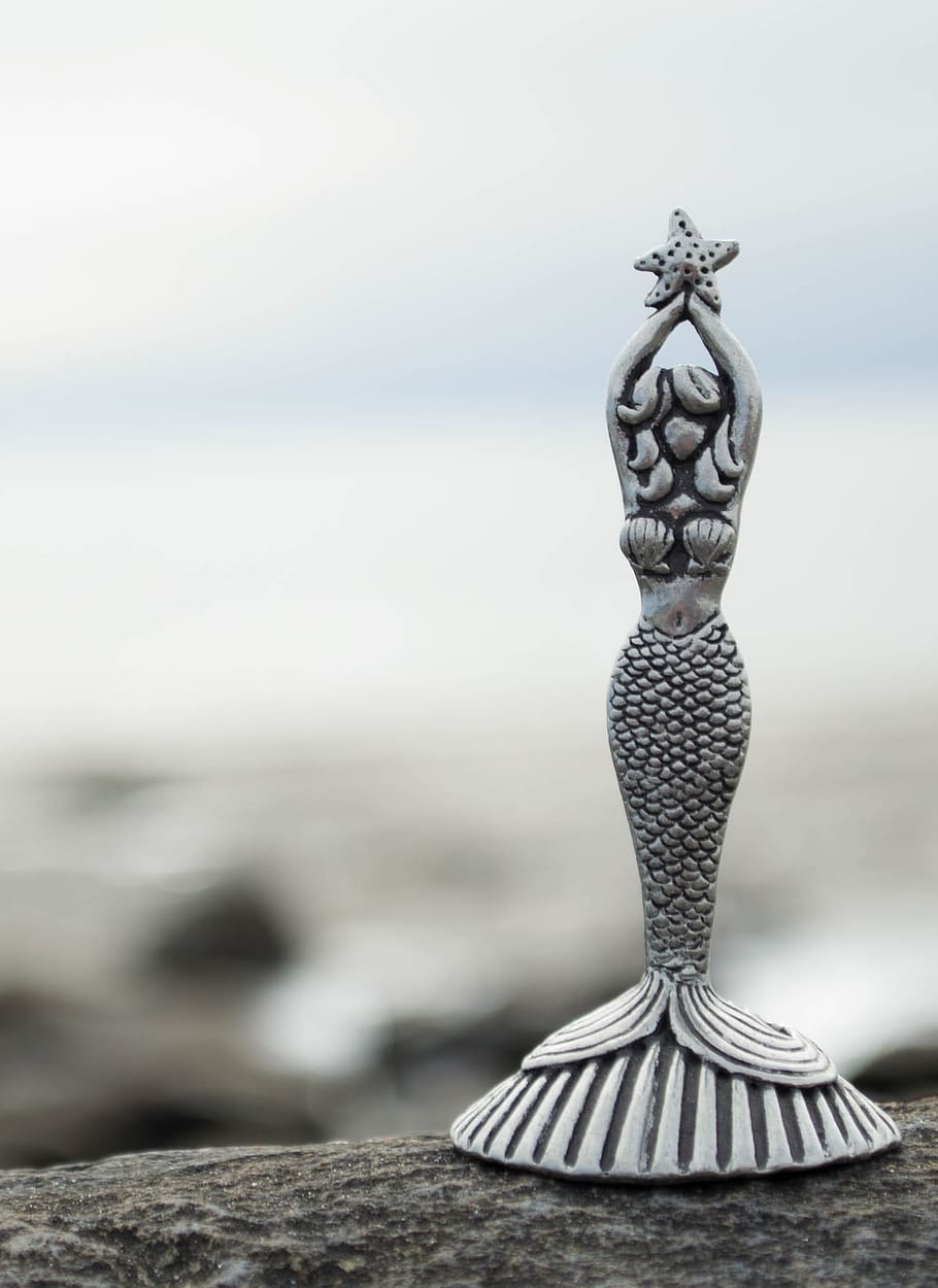 mermaid ceramic figurine on stone, Mermaid, Beach, Magic, no people HD wallpaper