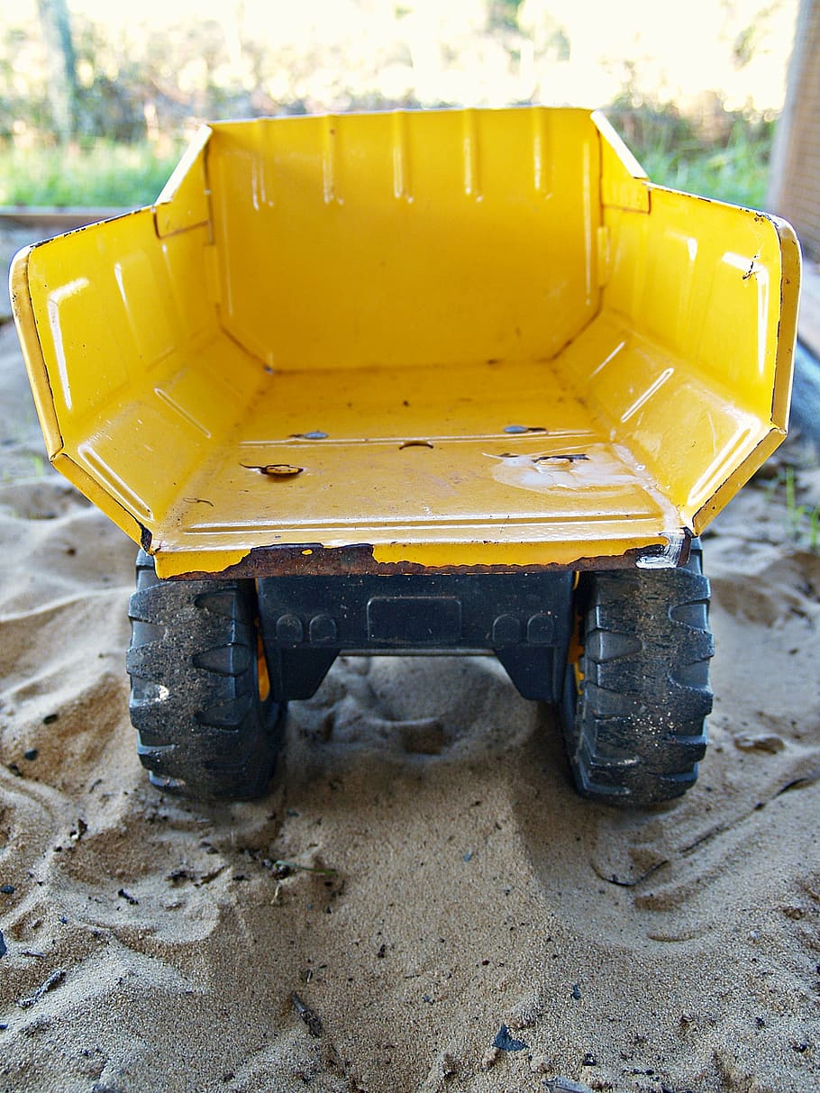 truck, yellow, toy, dump truck, sand, wheels, tray, driving, HD wallpaper