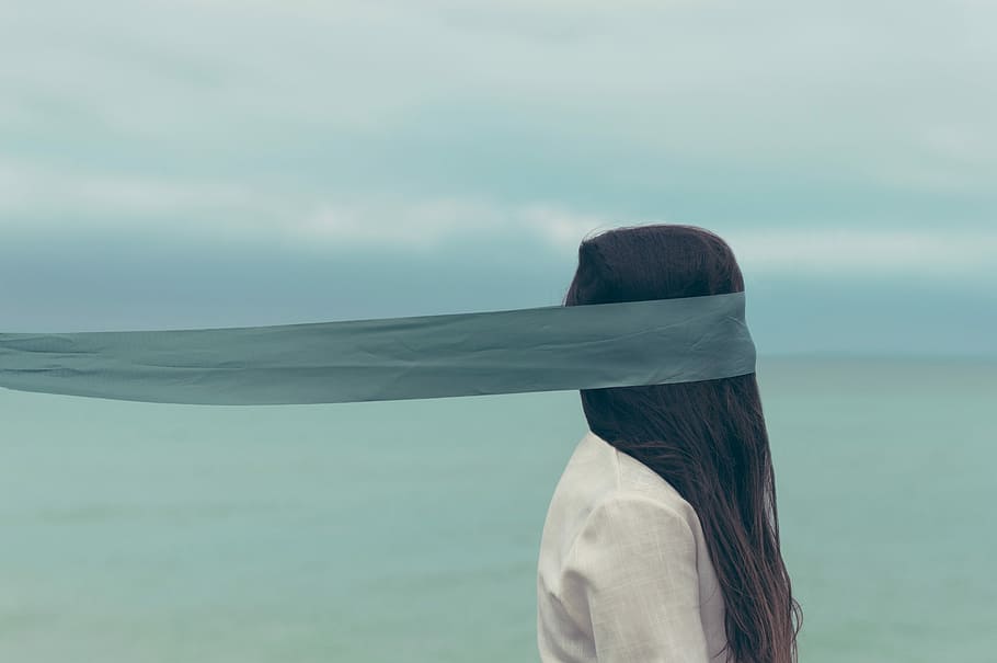 person wearing white shirt, blindfold, fabric, women, sea, outdoors HD wallpaper