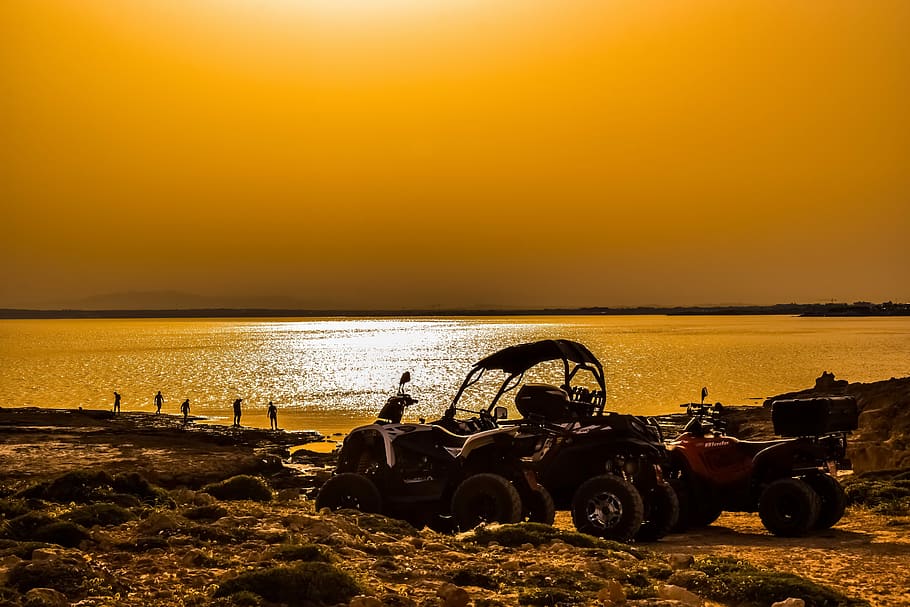 sunset, quad, sea, dusk, beach, horizon, silhouettes, shadows HD wallpaper