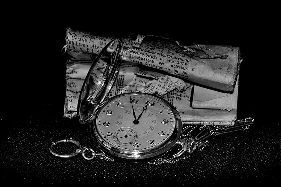 pocket watch, clock, clock face, newspaper, daily newspaper, HD wallpaper
