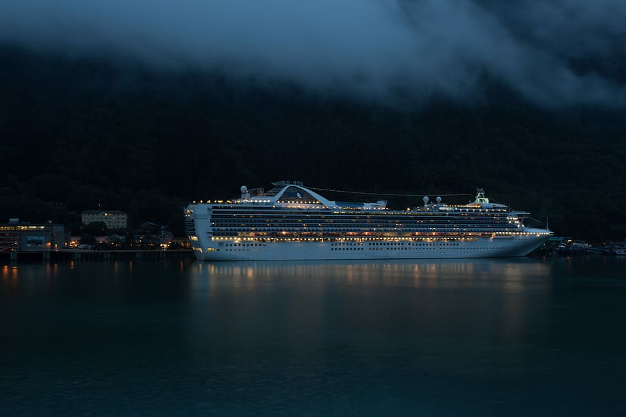 photo of white cruise ship during nighttime, cruise ship docked near city