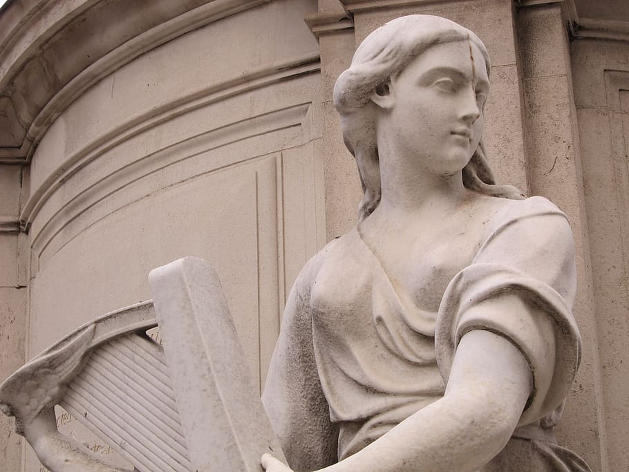 queen anne, statue, face, stone, harp, terpsichore, weathered HD wallpaper