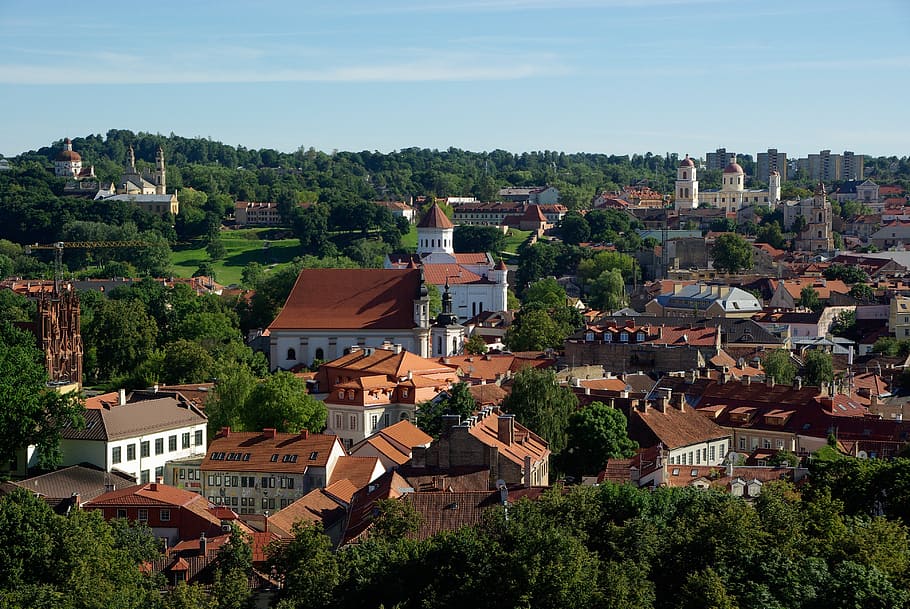 high-angle photography of city at daytime, lithuania, vilnius HD wallpaper
