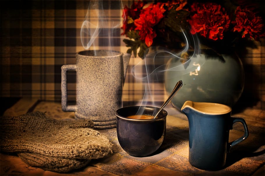 blue ceramic mug full of coffee on table, winter, warmth, cozy, HD wallpaper