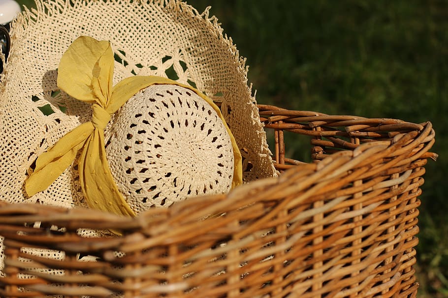 brown hat on brown wicker basket, yellow, ribbon, vintage, dreamy