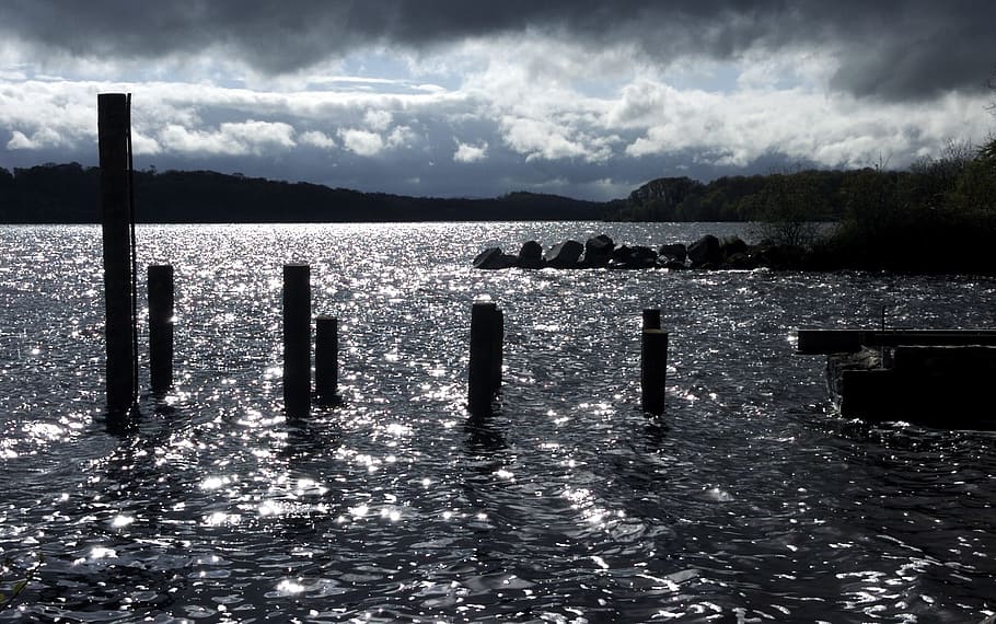 river, erne, ireland, water, sky, post, cloud - sky, wooden post HD wallpaper