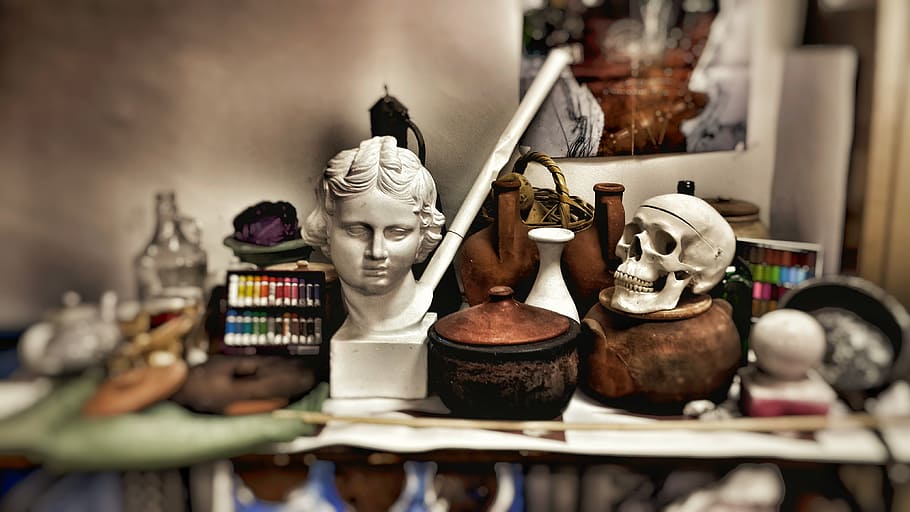 eros, baguio, bust, skull, workshop, studio, drawing, gypsum, HD wallpaper