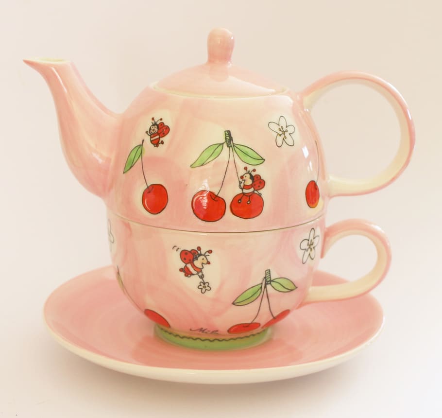 pink and red ceramic kettle on top of pink saucer, teapot, winter HD wallpaper