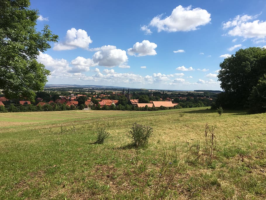 sky, clouds, field, sunny, cumulus clouds, blue, hiking, view HD wallpaper