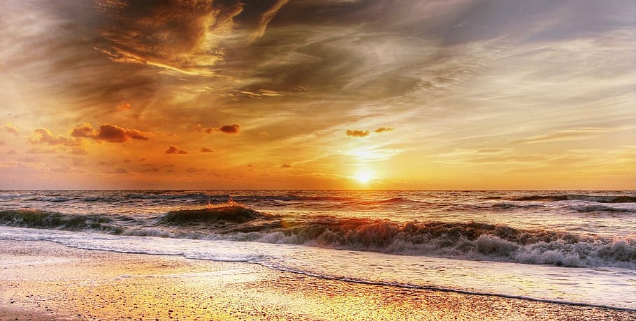 photography of ocean waves during golden hour, Denmark, Sun, Nature