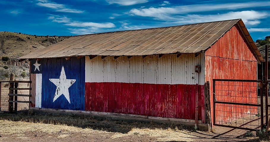 red and brown barn, texas, metal, ranch, farm, lone star, painted, HD wallpaper