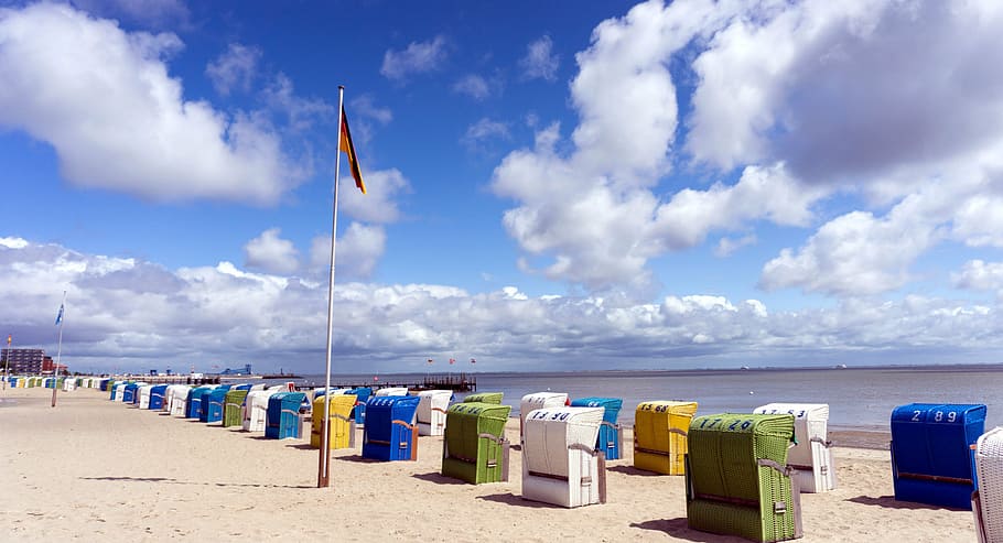 north sea, island föhr, beach chair, ebb, recovery, sky, leisure, HD wallpaper