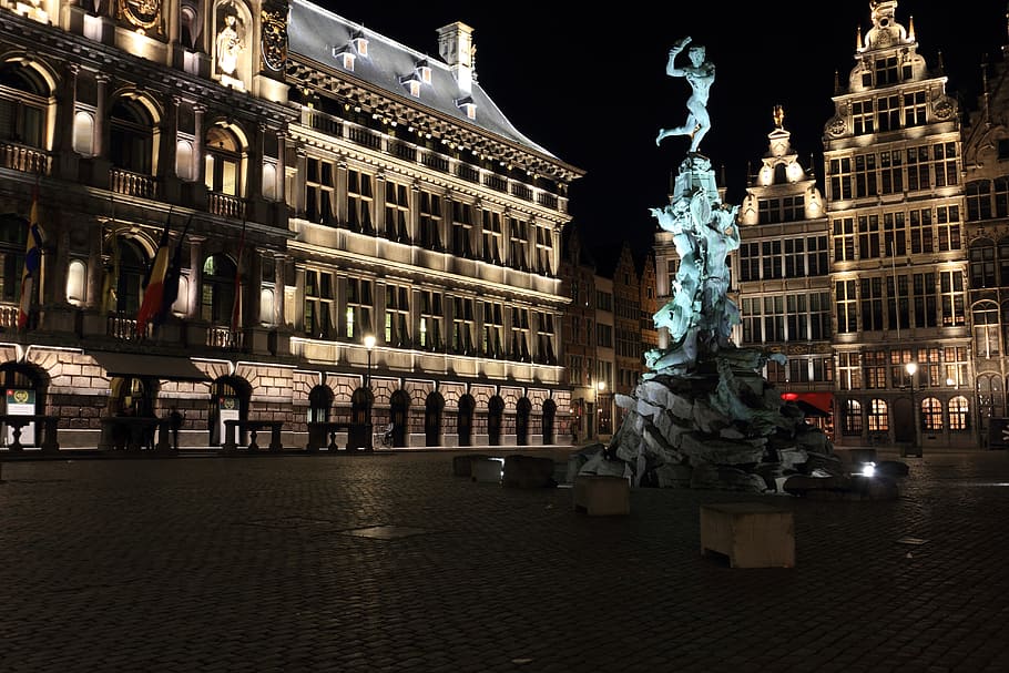 belgium, antwerp, square, statue, evening, architecture, illuminated HD wallpaper