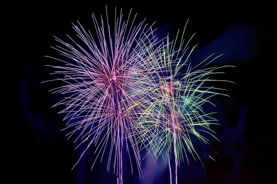 fire, fireworks, party, night, rockets, illuminated, celebration HD wallpaper