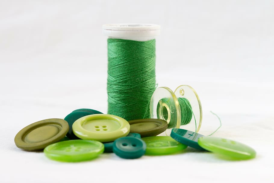 button lot, thread, green, orb, buttons, sewing, material, textile, HD wallpaper