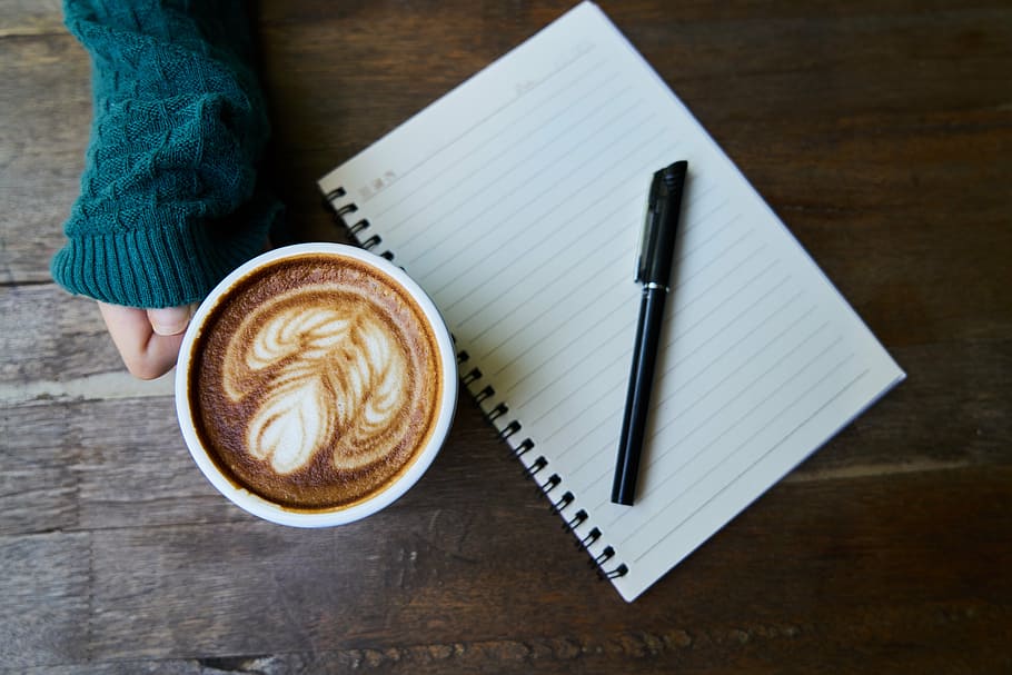 photo of black pen on white spring note book near cup of cappuccino, HD wallpaper