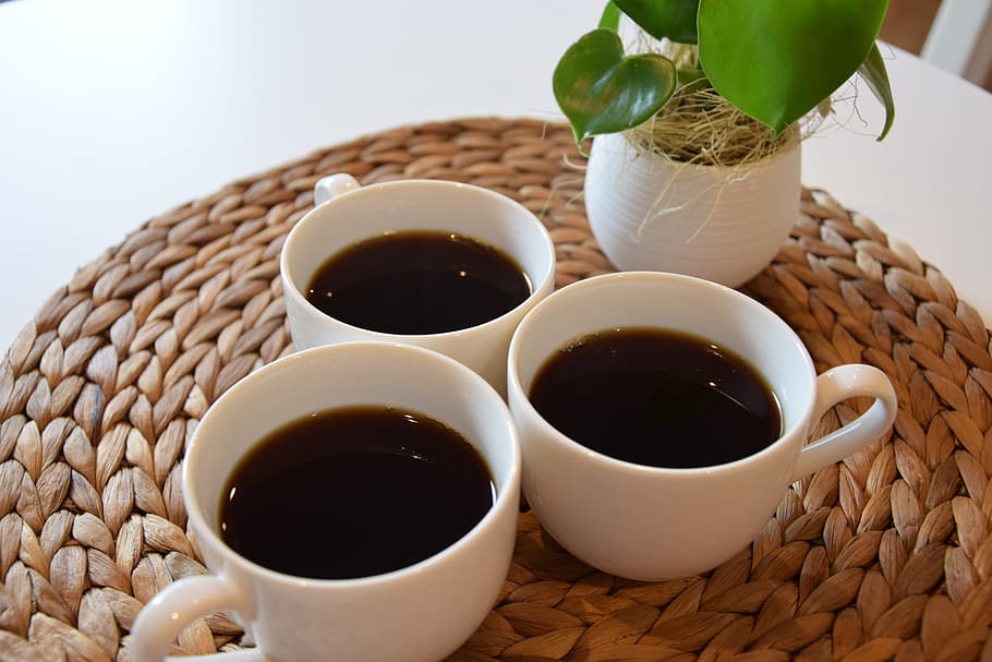three ceramic cups with coffees, Herb, Relax, food, studio shot HD wallpaper