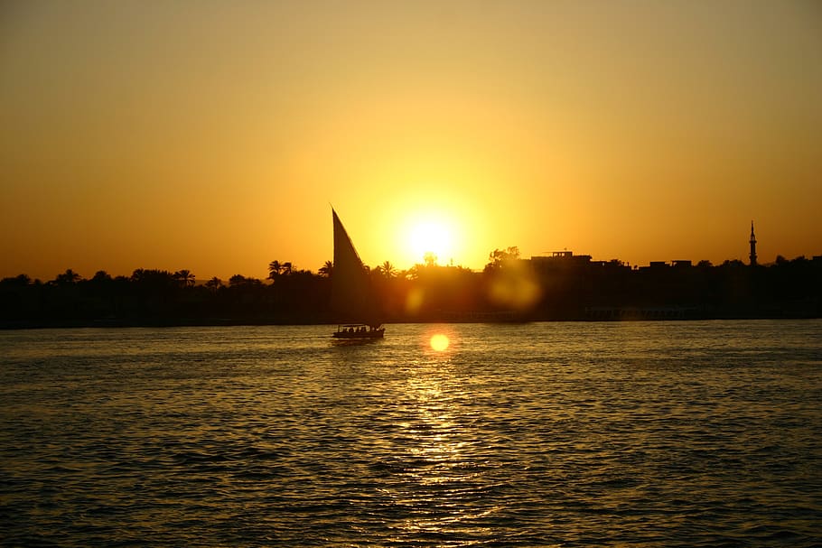 egypt, sunset, nile, water, sky, silhouette, orange color, waterfront HD wallpaper