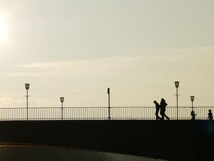 bridge, human, profile, silhouette, web, street lamp, back light HD wallpaper