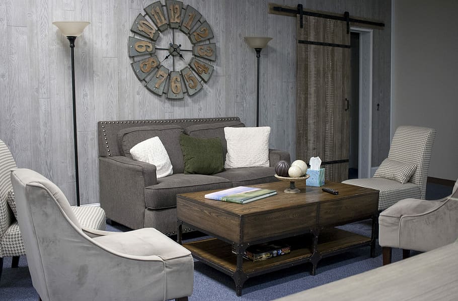 Comfort Therapy, brown suede loveseat and four sofa chairs, clock HD wallpaper
