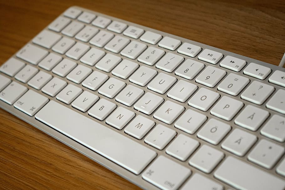 white Apple keyboard on brown surface, keypad, computer, hardware HD wallpaper