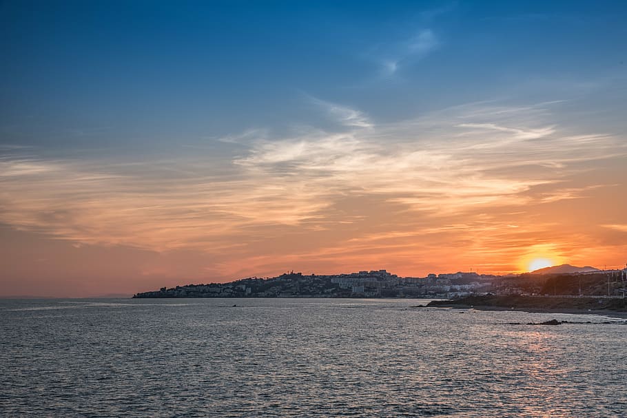 Sunset, Lighthouse, Mijas, calaburras, beach, costa, sea, clouds HD wallpaper