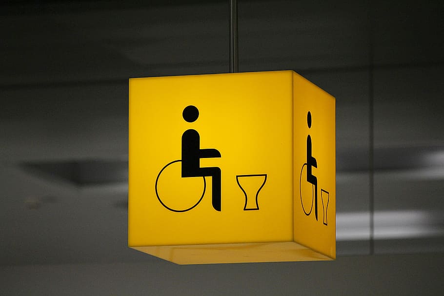yellow hanging signage, disabled toilet, disability, wheelchair, HD wallpaper