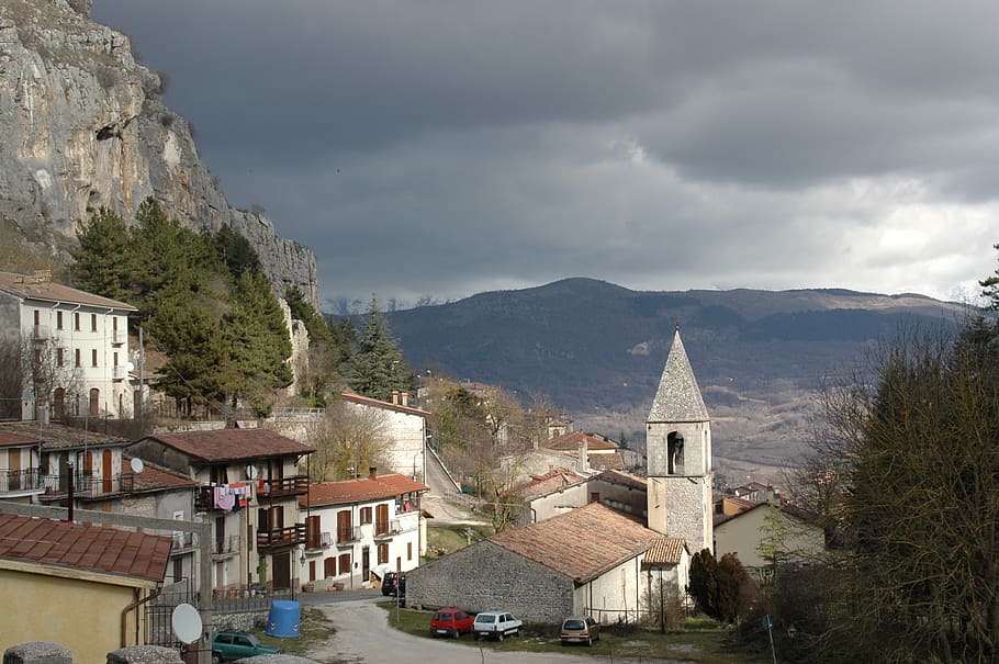 abruzzo, borgo, landscape, sky, gray, church, mountain, europe HD wallpaper