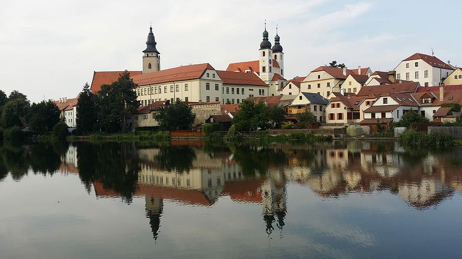 telč, unesco, park, moravia, czech republic, reflection, building exterior HD wallpaper