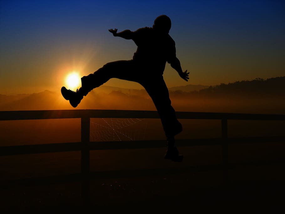 person's silhouette during golden hour, sunrise, sunset, man HD wallpaper