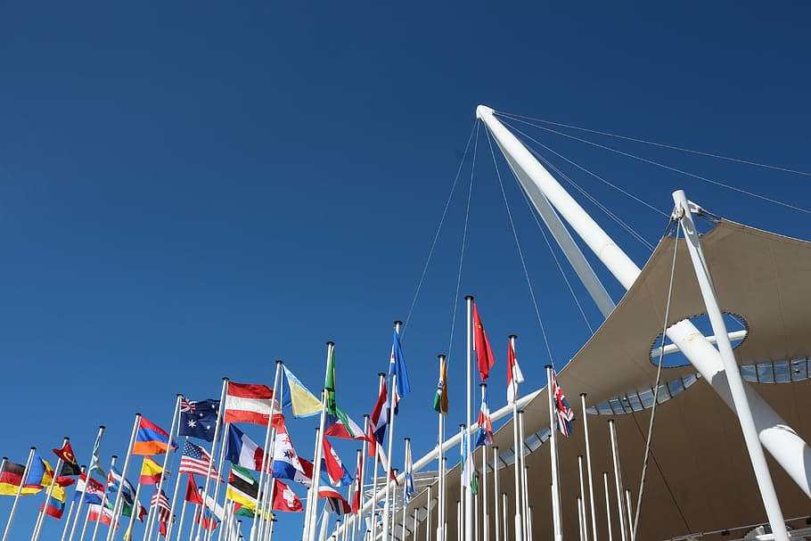 Flag, Lisbon, Fair, blue, sky, low angle view, outdoors, patriotism HD wallpaper