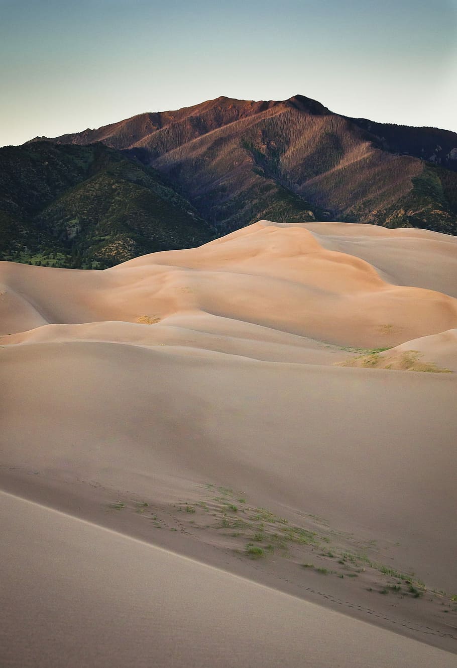 sand dunes near brown mountain, white sand, dusk, landscape, scenics - nature HD wallpaper