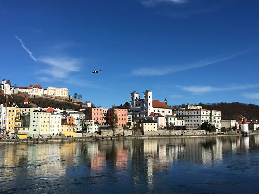 Passau, Sun, Winter, Danube, Wintry, sky, old town, city, river HD wallpaper