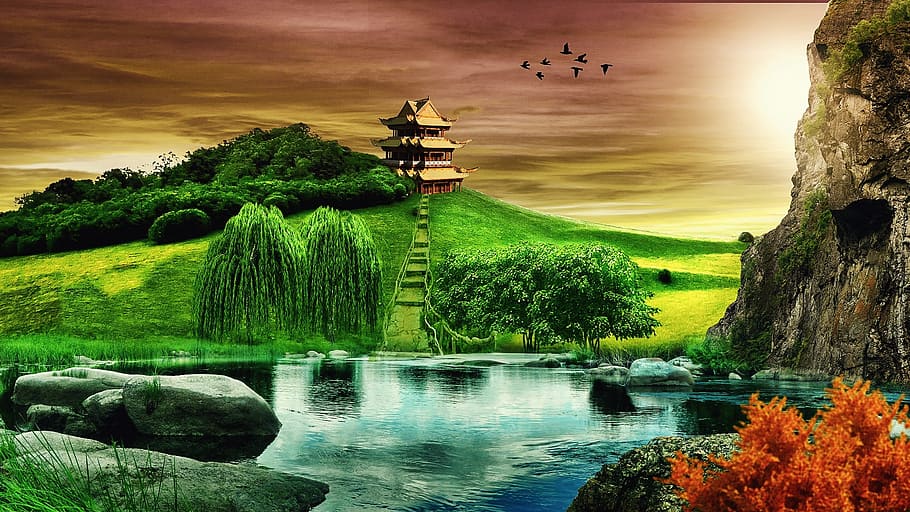 Background, Landscape, Temple, Hill, nature, reflection, water HD wallpaper