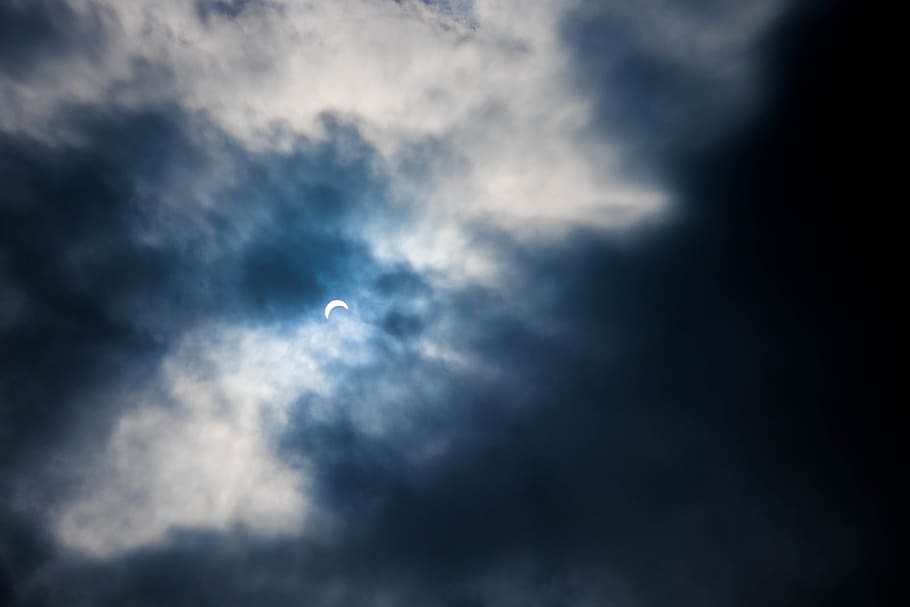 solar eclipse, clouds, sky, sun, light, phenomenon, partial HD wallpaper
