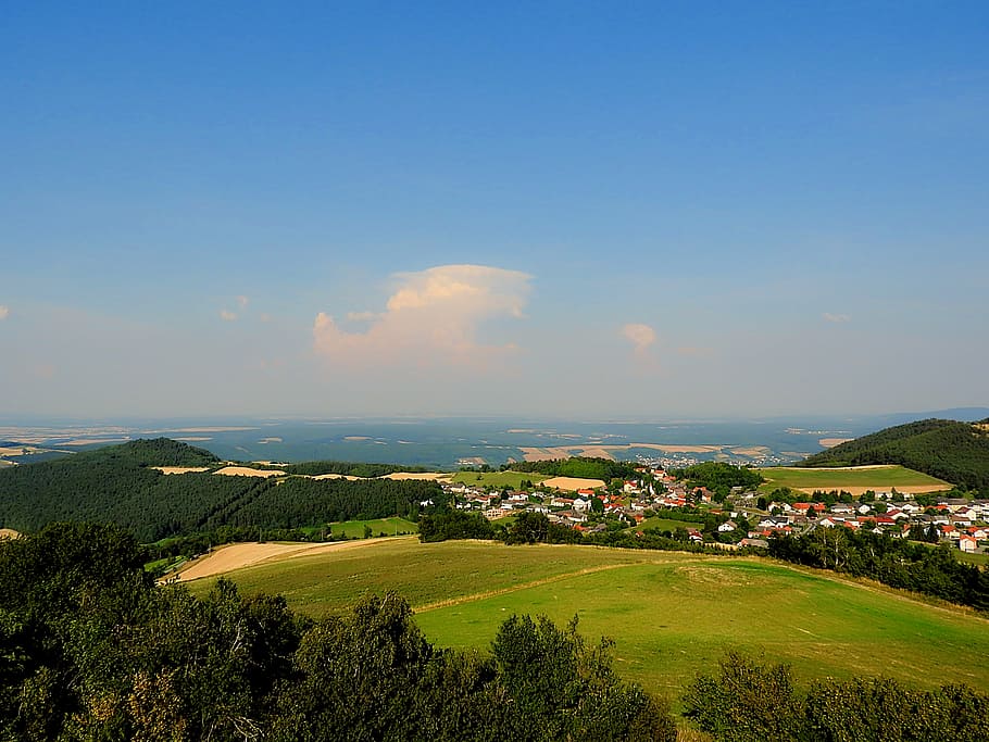 outlook, landscape, distant view, hill, sky, plant, architecture HD wallpaper