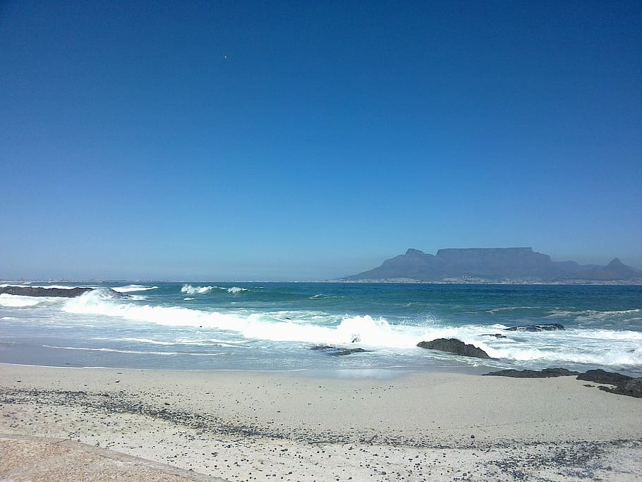 blue sky, beach, cape town, table mountain, sea, wave, scenics HD wallpaper