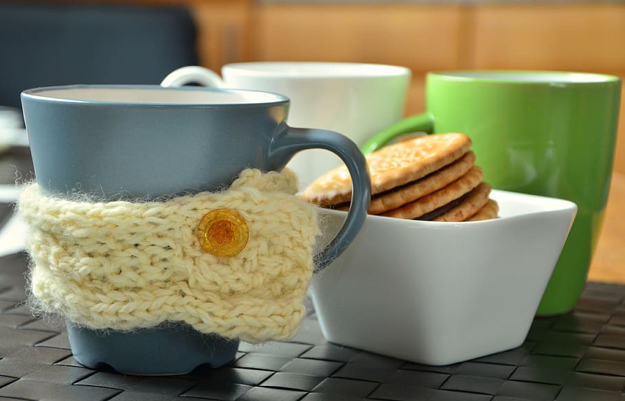 blue muf beside bowl with biscuits, cup, coffee cup, ceramic HD wallpaper