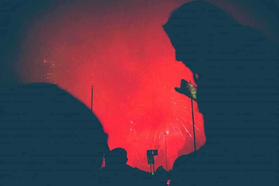red smoke in the air, firework, night, dark, sky, silhouette HD wallpaper