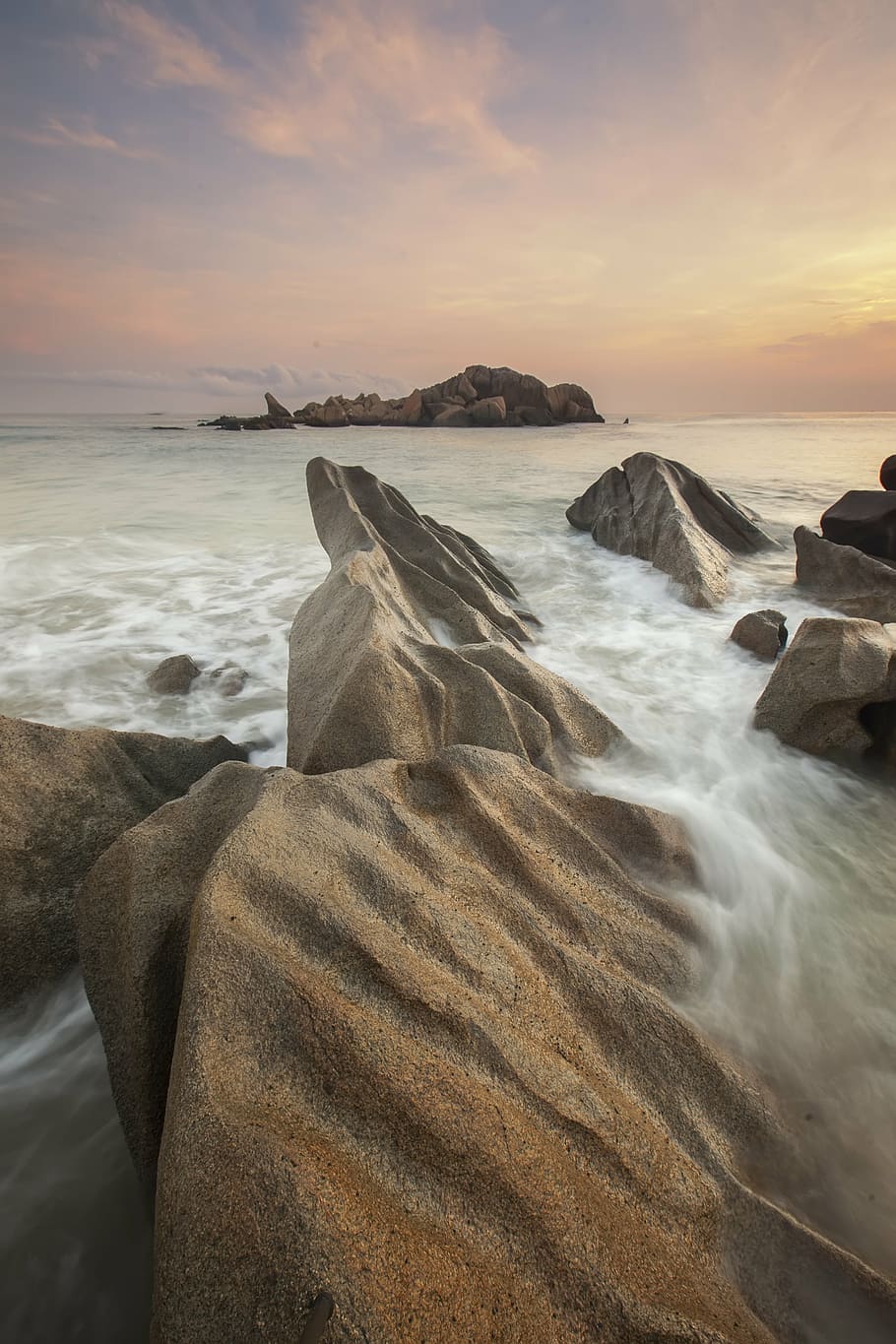 beach, flow, formation, nature, rocks, seascape, sunrise, water flow HD wallpaper