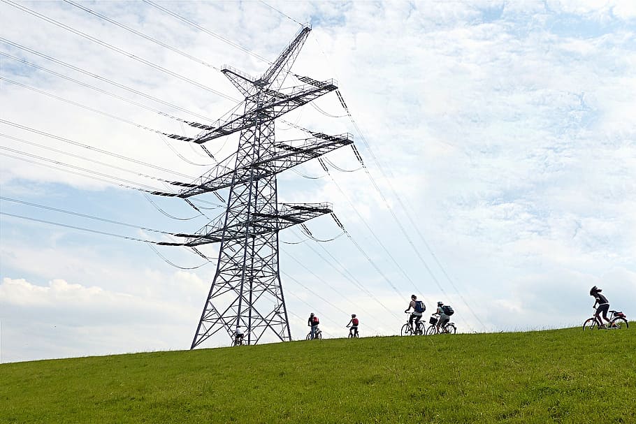 strommast, on the dike, bicycle group, clouds, electricity HD wallpaper