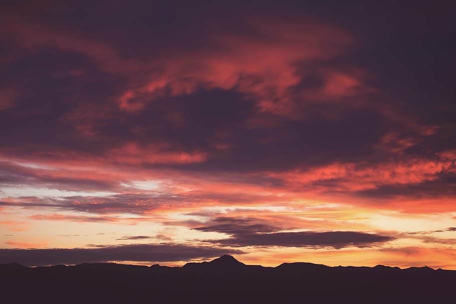 gray and orange skies, silhouette, image, hills, clouds, sunset HD wallpaper