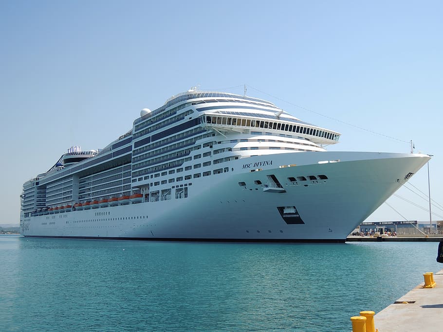 docked white cruise ship, greece, olympia, sea, boat, mediterranean sea